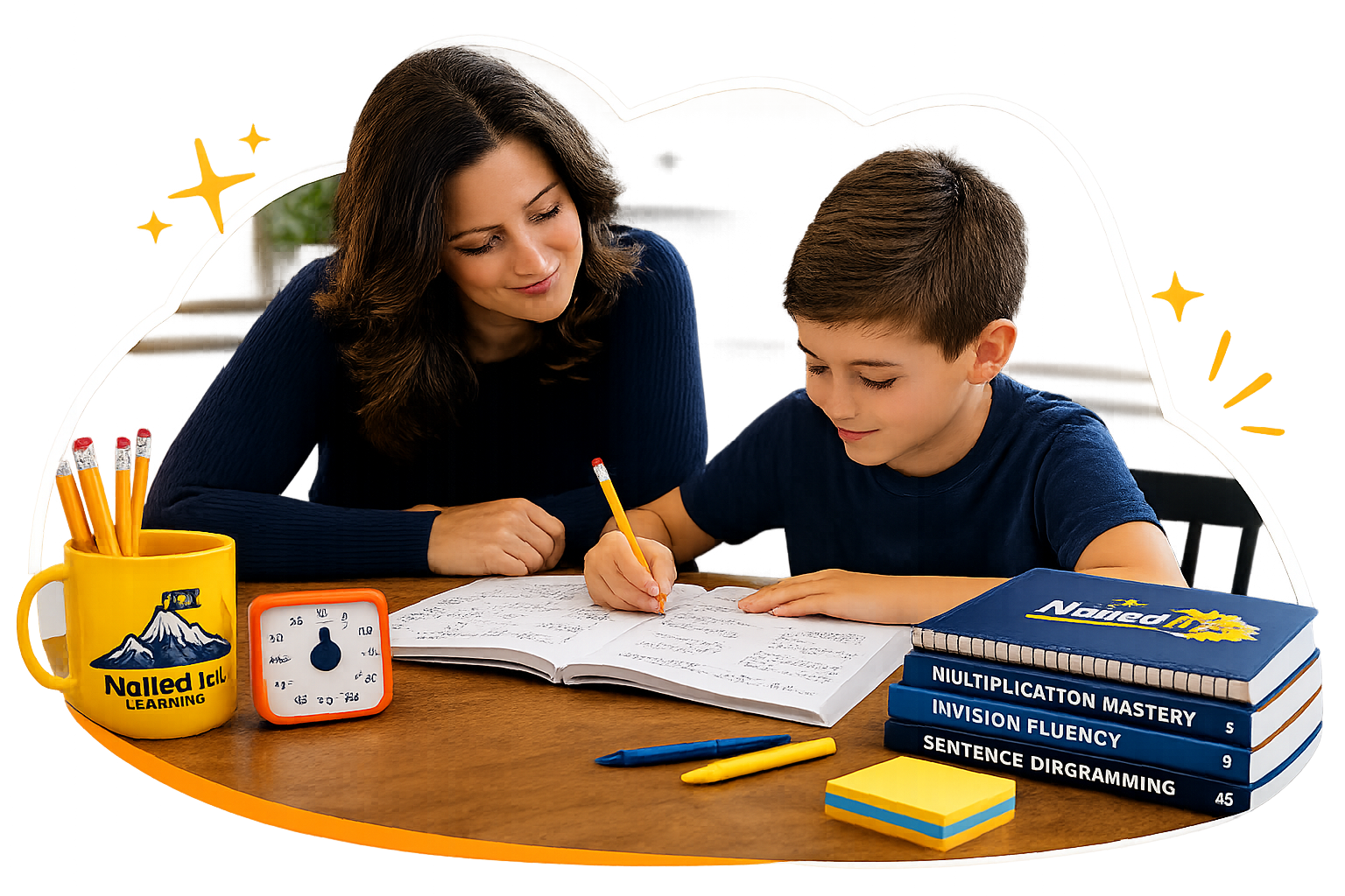 Parent and child working through a Nailed It! Learning workbook together